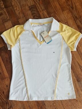 Izod Women's White Polo Top with Yellow Accents